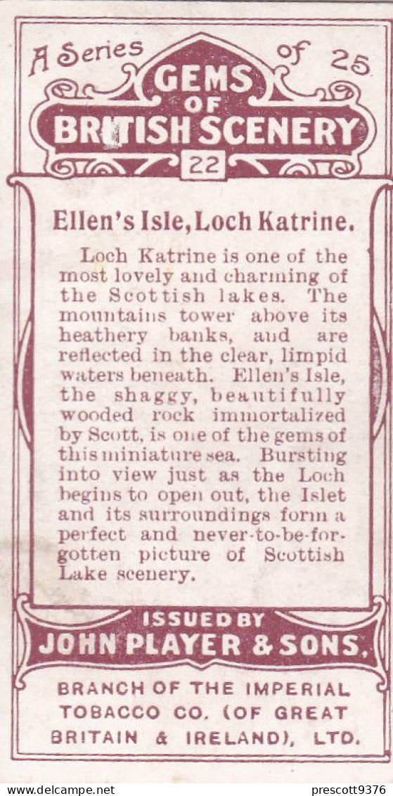 Gems Of British Scenery 1917 - Players Cigarette Card - 22 Ellen's Isle, Loch Katrine, Scotland - Player's