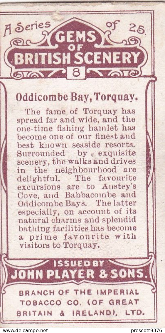 Gems Of British Scenery 1917 - Players Cigarette Card - 8 Oddocome Bay, Torquay - Player's