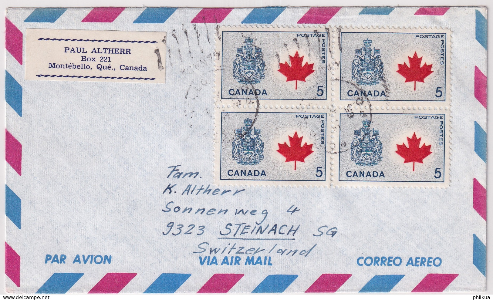MiNr. 374 Kanada Auf Bedarfsflugpostbrief Gelaufen 1965 Ab MONTÉBELLO Kanada Nach STEINACH SG Suisse - Posta Aerea