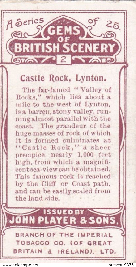 Gems Of British Scenery 1917 - Players Cigarette Card - 2 Castle Rock, Lynton, Devon - Player's