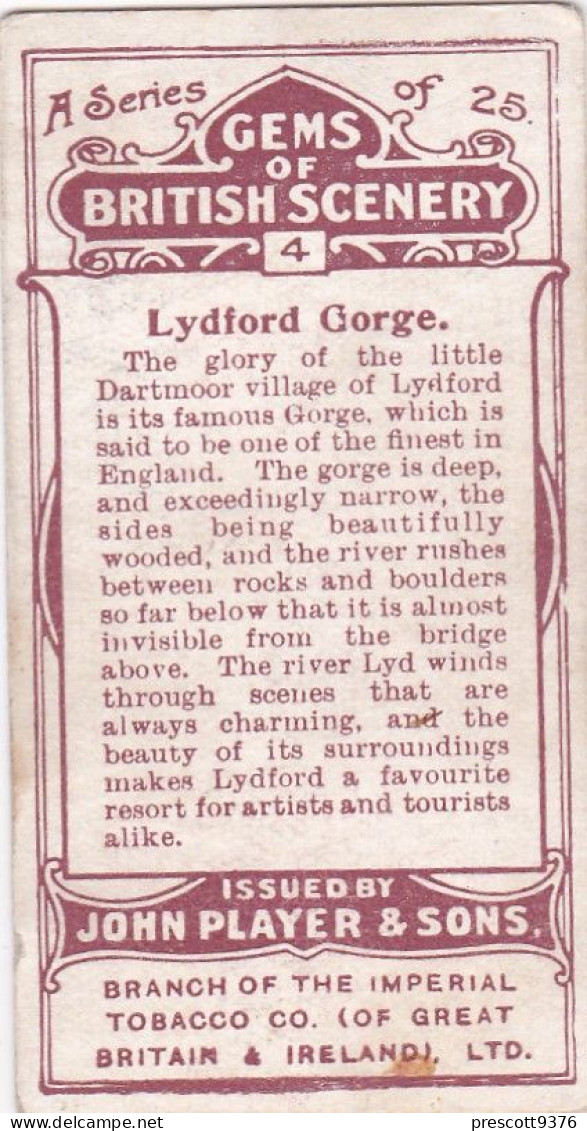 Gems Of British Scenery 1917 - Players Cigarette Card - 4 Lydford Gorge, Dartmoor - Player's