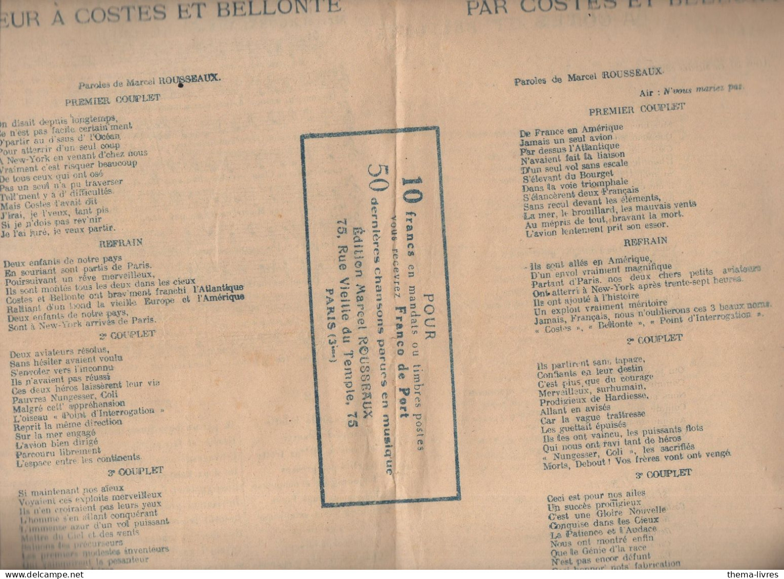 (aviation) Partition En L'honneur De COSTES ET BELLONTE  (M5619) - Artículos De Papelería
