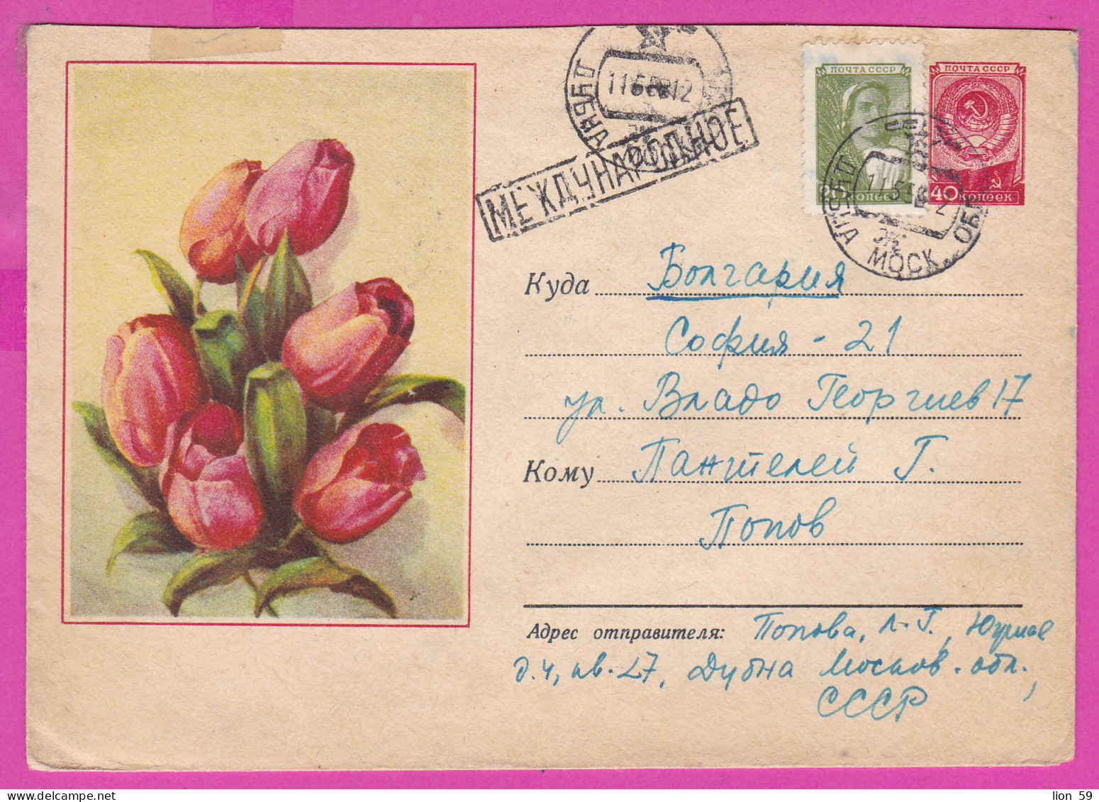 296130 / Russia 1957 - 20+40 K. (Coat Of Arms) Bouquet Flowers Fleurs Tulip Tulpen Tulipa , Dubna - BG Stationery Cover - 1950-59