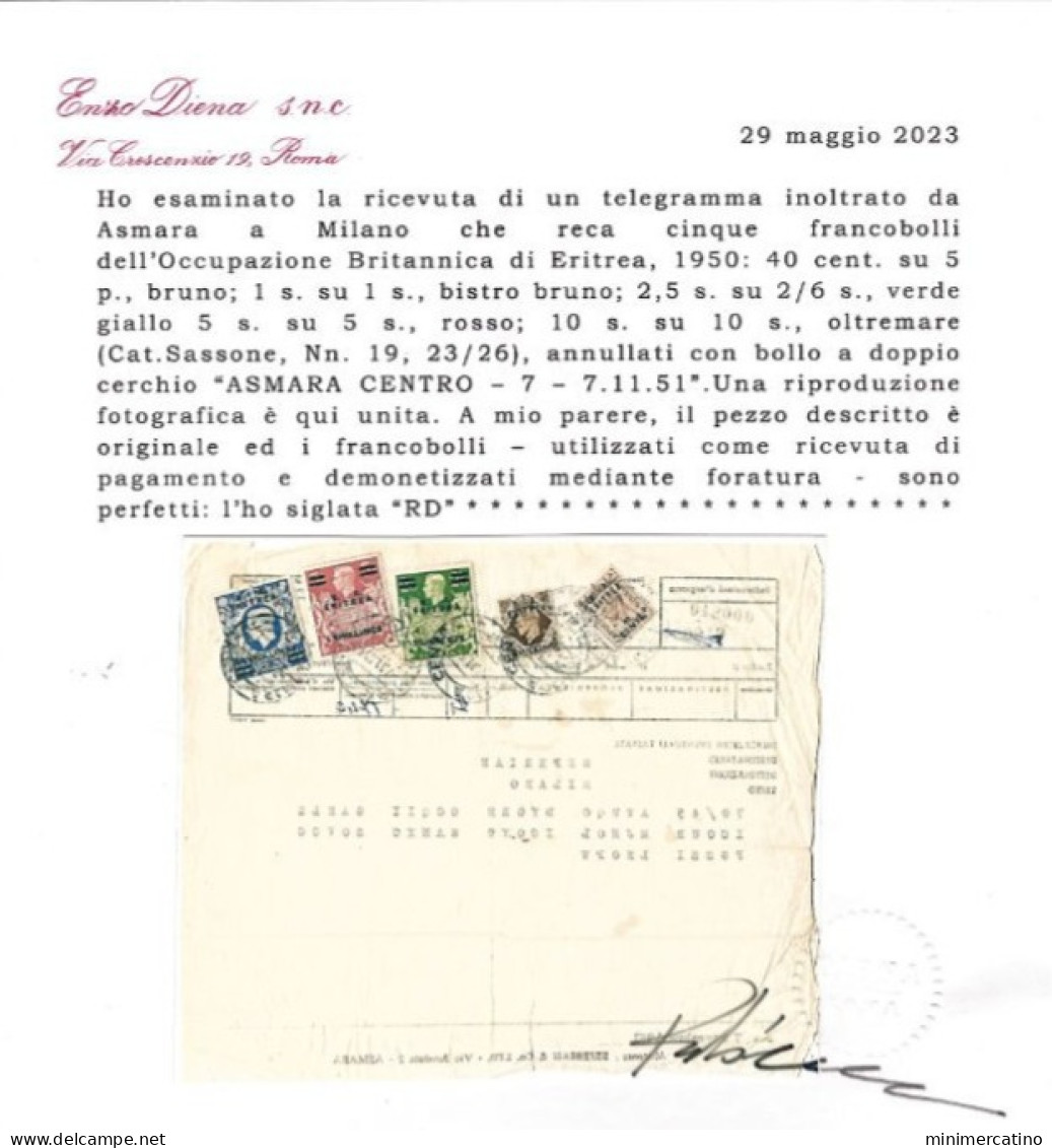 Telegramma Occupazione Britannica Eritrea B.A Francobolli Demonetizzati In Codice Cifrato Certificato Diena - Erythrée