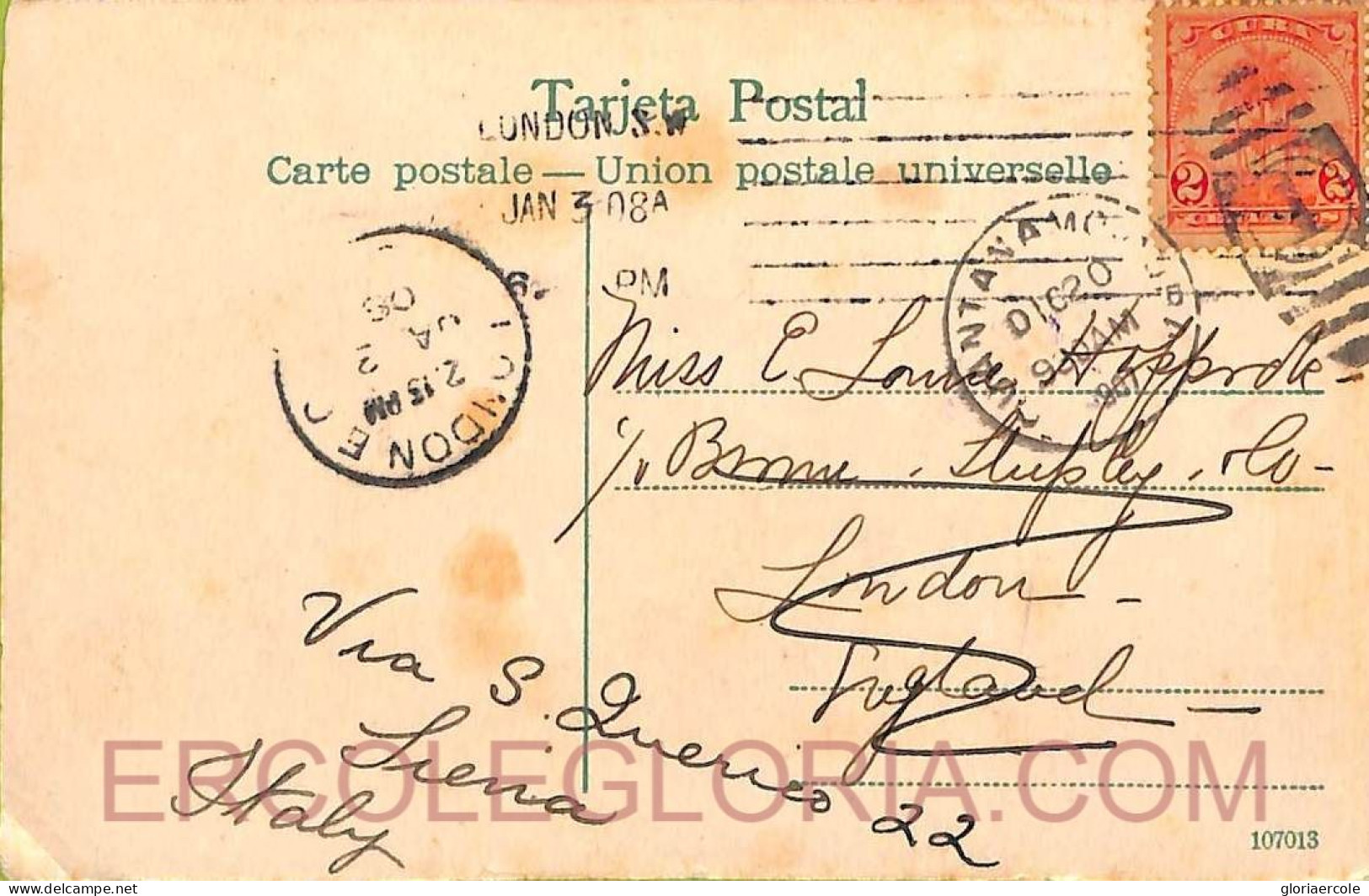 Ad6225 - CUBA - Postal History - POSTCARD To UK Forwarded To ITALY 1907 - Covers & Documents