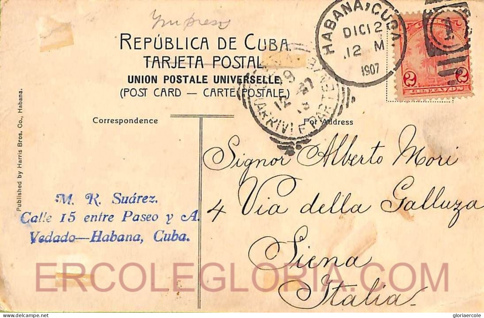 Ad6224 - HAVANA - Postal History - POSTCARD To ITALY 1907 - Covers & Documents