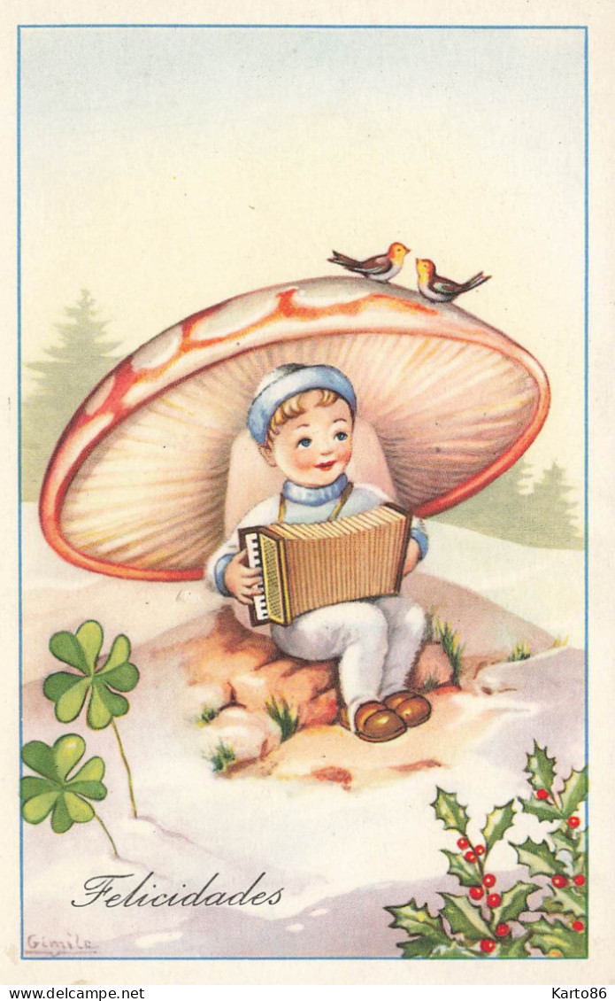 Champignon & Enfant Accordéoniste * CPA Illustrateur * Mushroom Champignons Accordéon - Pilze