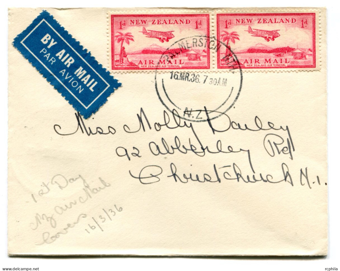 RC 24415 Nelle ZELANDE 1936 AIR MAIL COVER FROM PALMERSTON NORTH TO CHRISTCHURCH - Posta Aerea