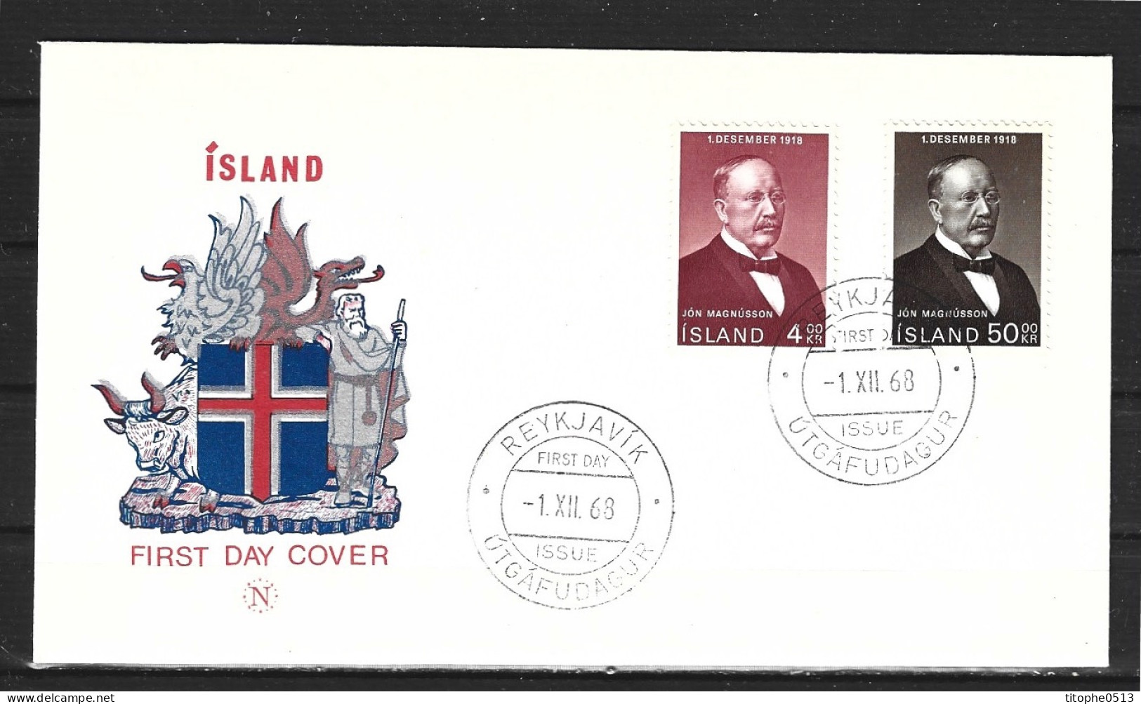 ISLANDE. N°379-80 De 1968 Sur Enveloppe 1er Jour (FDC). Cinquantenaire De L'Indépendance. - FDC