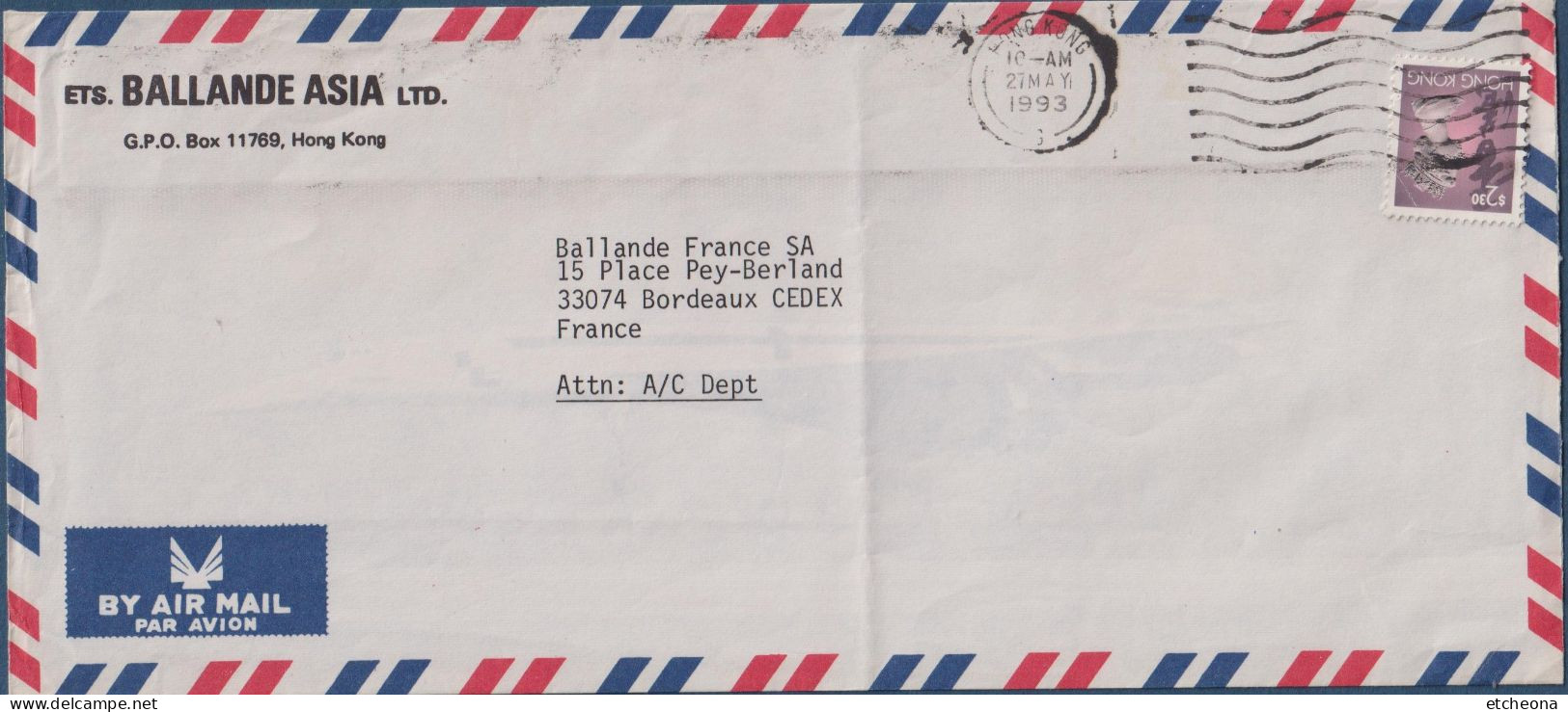 Enveloppe Avec 1 Timbre Effigie De La Reine Elisabeth II, Hong-Kong,  27.05.93 - Lettres & Documents