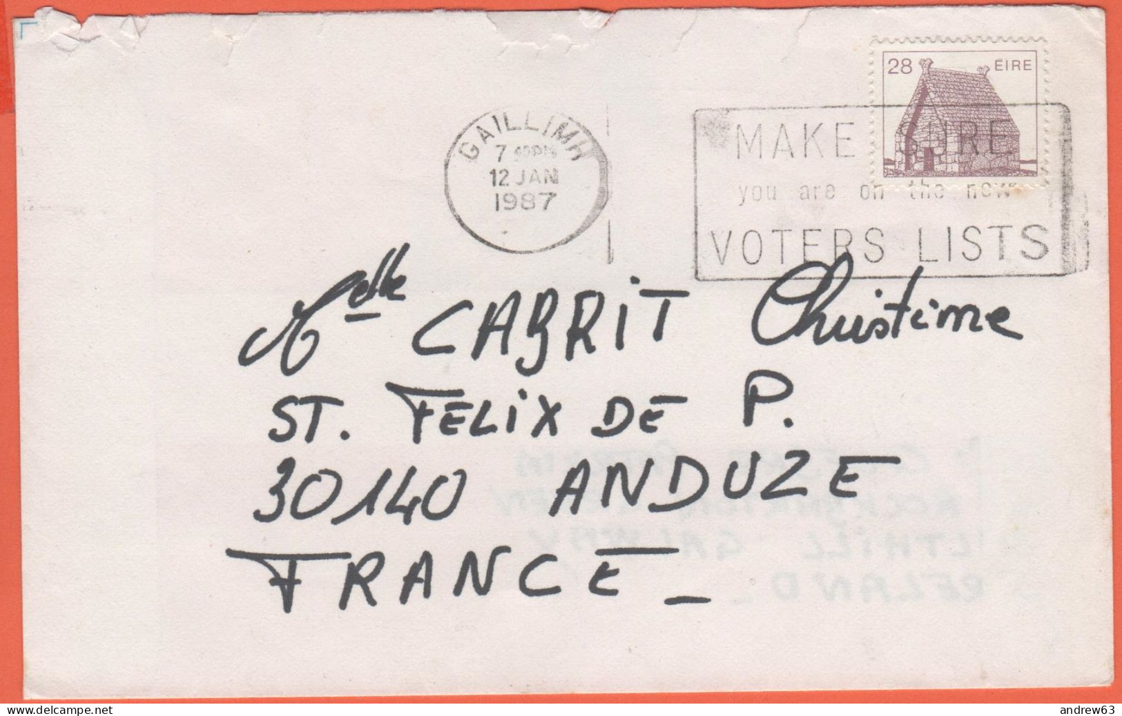 IRLANDA - IRELAND - Irlande - EIRE - 1987 - 28 - Viaggiata Da Gaillimh Per Anduze, France - Covers & Documents