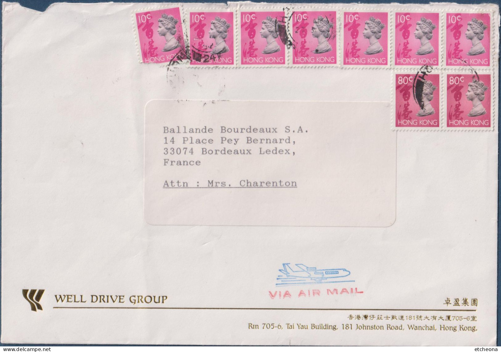 Enveloppe Avec 9 Timbres Effigie De La Reine Elisabeth II, Hong-Kong, - Covers & Documents