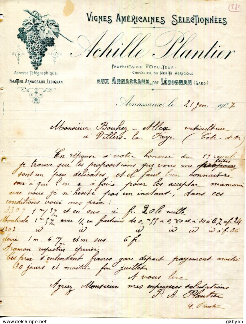 FACTURE.30.GARD.LES ARNASSAUX PAR LEDIGNAN.VIGNES AMERICAINES SELECTIONNÉES.ACHILLE PLANTIER. - Landwirtschaft