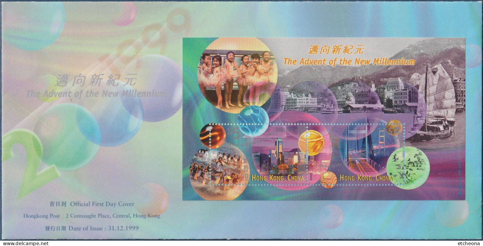 Enveloppe Avec Bloc 2 Timbres L'avènement Du Nouveau Millénaire, Hong-Kong, Chine 1er Jour Le 31.12.1999 - FDC