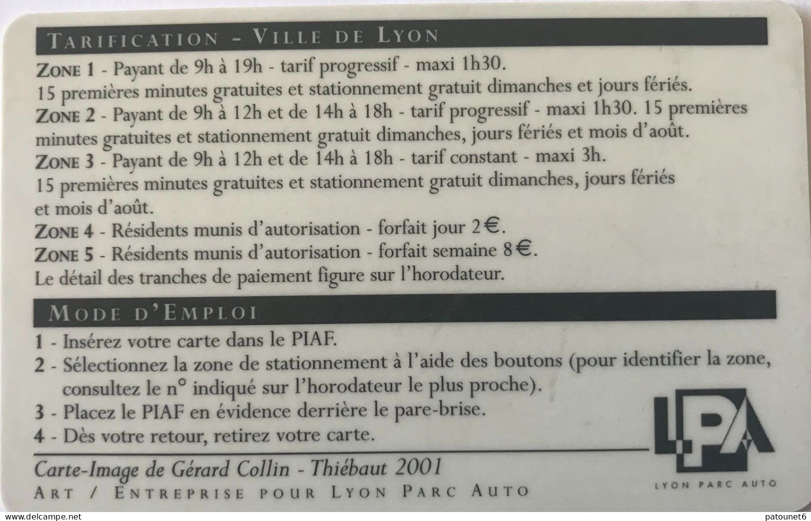 PIAF   -  LYON   -  Lyon Parc Auto   -  2001  -   30 E. - Cartes De Stationnement, PIAF