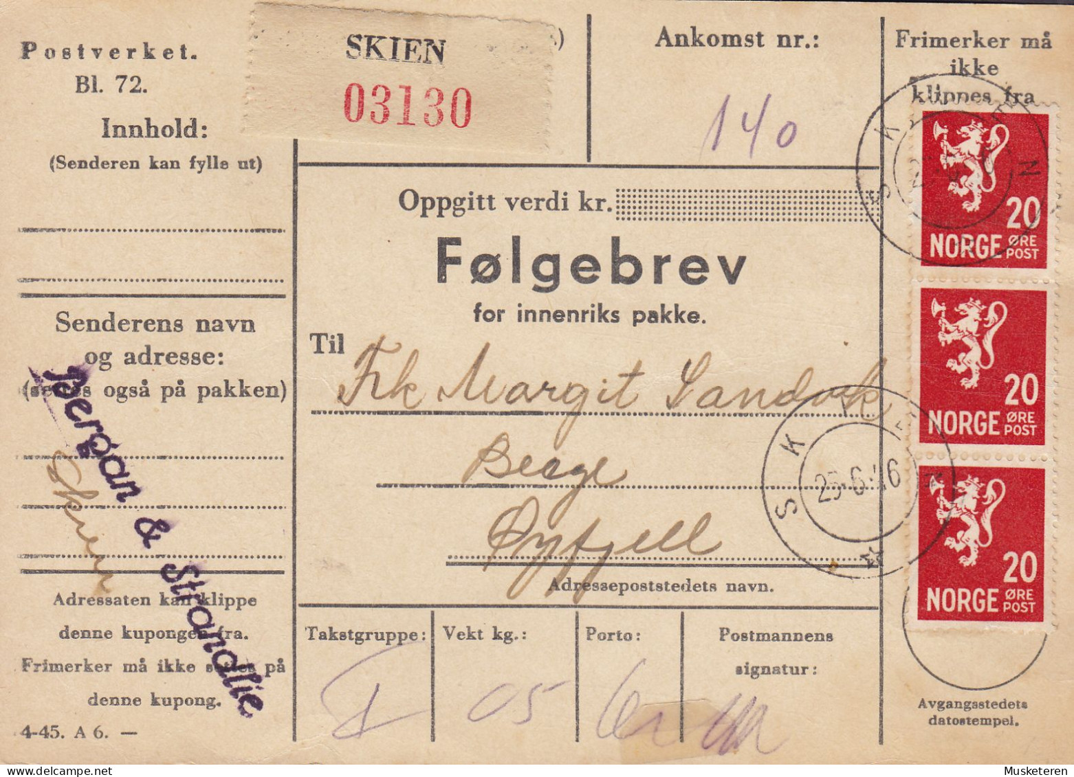 Norway Parcel Freight Bill Paketkarte Bulletin D'Expedition Følgebrev SKIEN 1946 ØYFJELL Telemark 3-Stripe Lion Löwe Arm - Cartas & Documentos