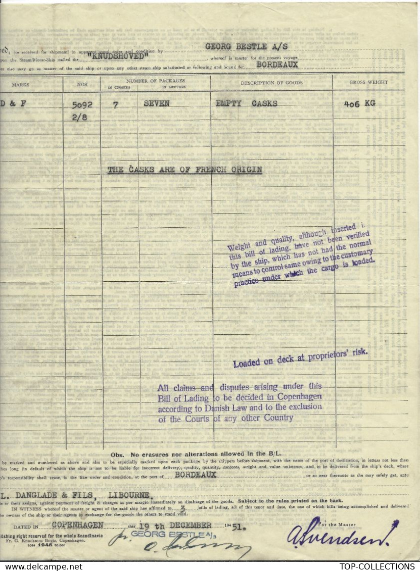 1951 NAVIGATION CONNAISSEMENT BILL OF LADING DET FORENEDE DAMPSKIBS SELSKAB Copenhagen => Danglade &Fils Pour  Bordeaux - 1800 – 1899