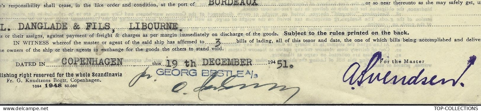 1951 NAVIGATION CONNAISSEMENT BILL OF LADING DET FORENEDE DAMPSKIBS SELSKAB Copenhagen => Danglade &Fils Pour  Bordeaux - 1800 – 1899