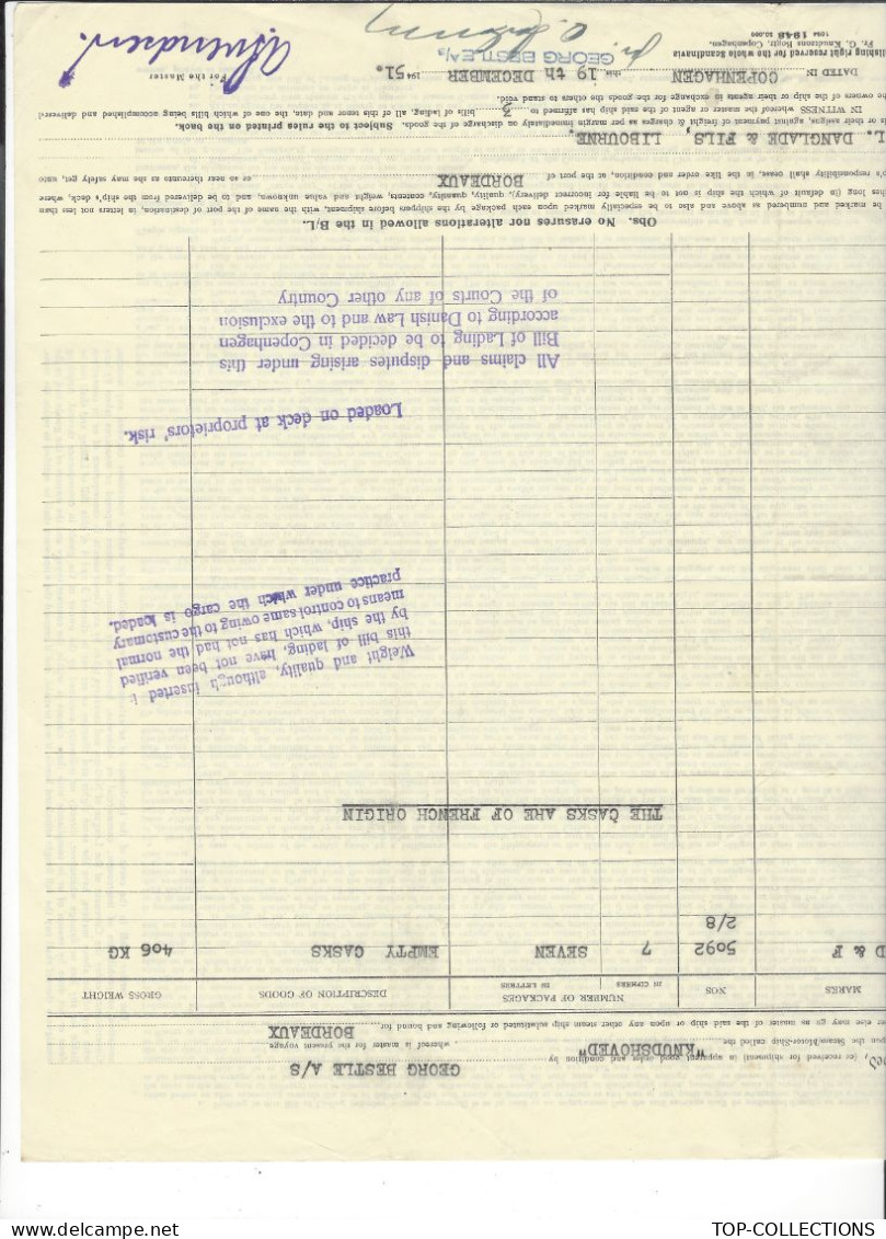 1951 NAVIGATION CONNAISSEMENT BILL OF LADING DET FORENEDE DAMPSKIBS SELSKAB Copenhagen => Danglade &Fils pour  Bordeaux