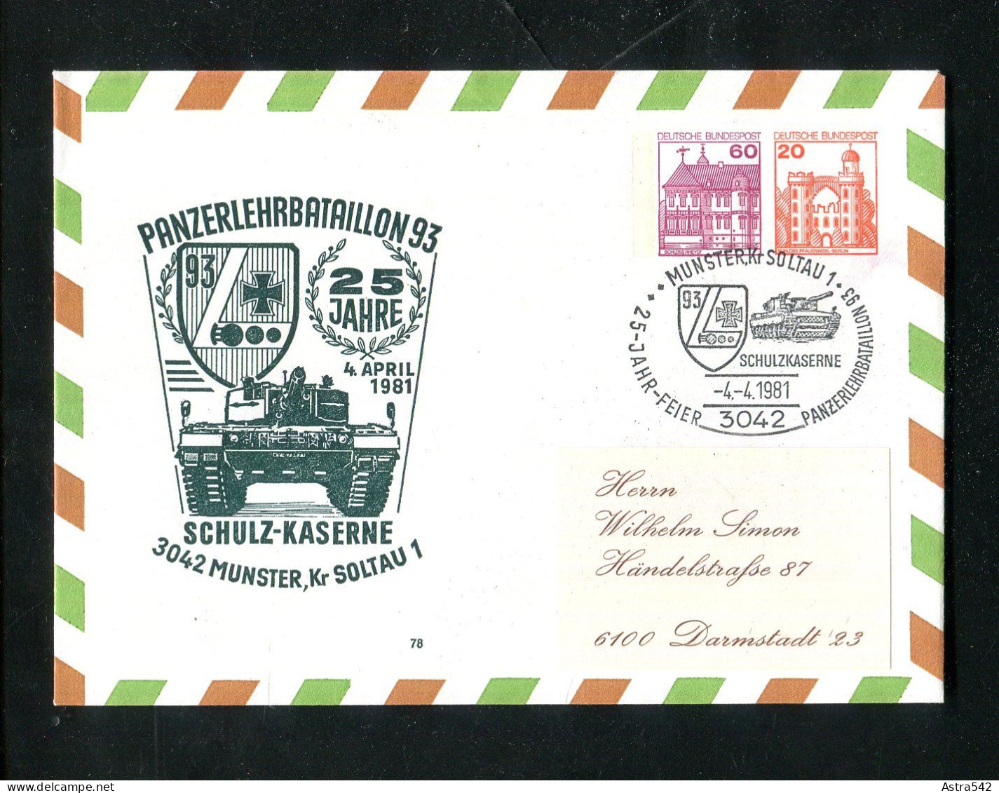 "BUNDESREPUBLIK DEUTSCHLAND" 1981, Privat-Ganzsachenumschlag "Panzerlehrbataillon", SSt. "Muenster Kr. Soltau" (15050) - Enveloppes Privées - Oblitérées