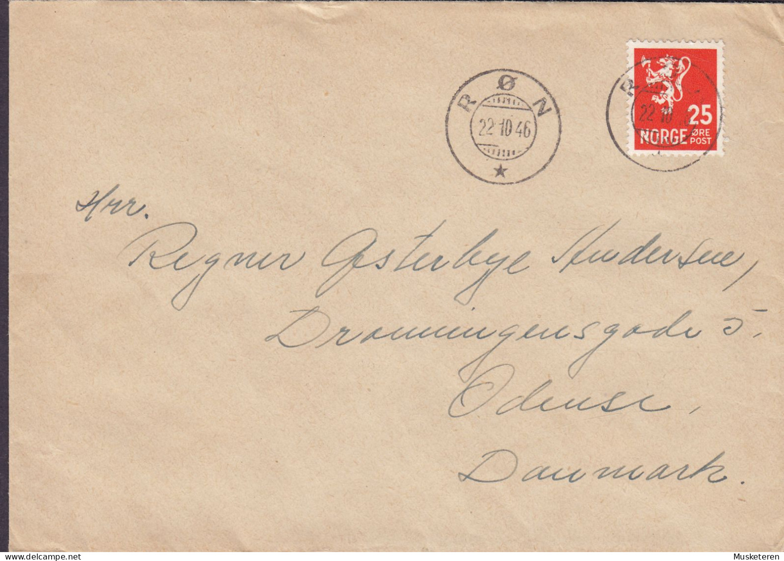 Norway RØN 1946 Cover Brief Lettre ODENSE Denmark 25 Øre Lion Löwe Arms Stamp (single) - Storia Postale