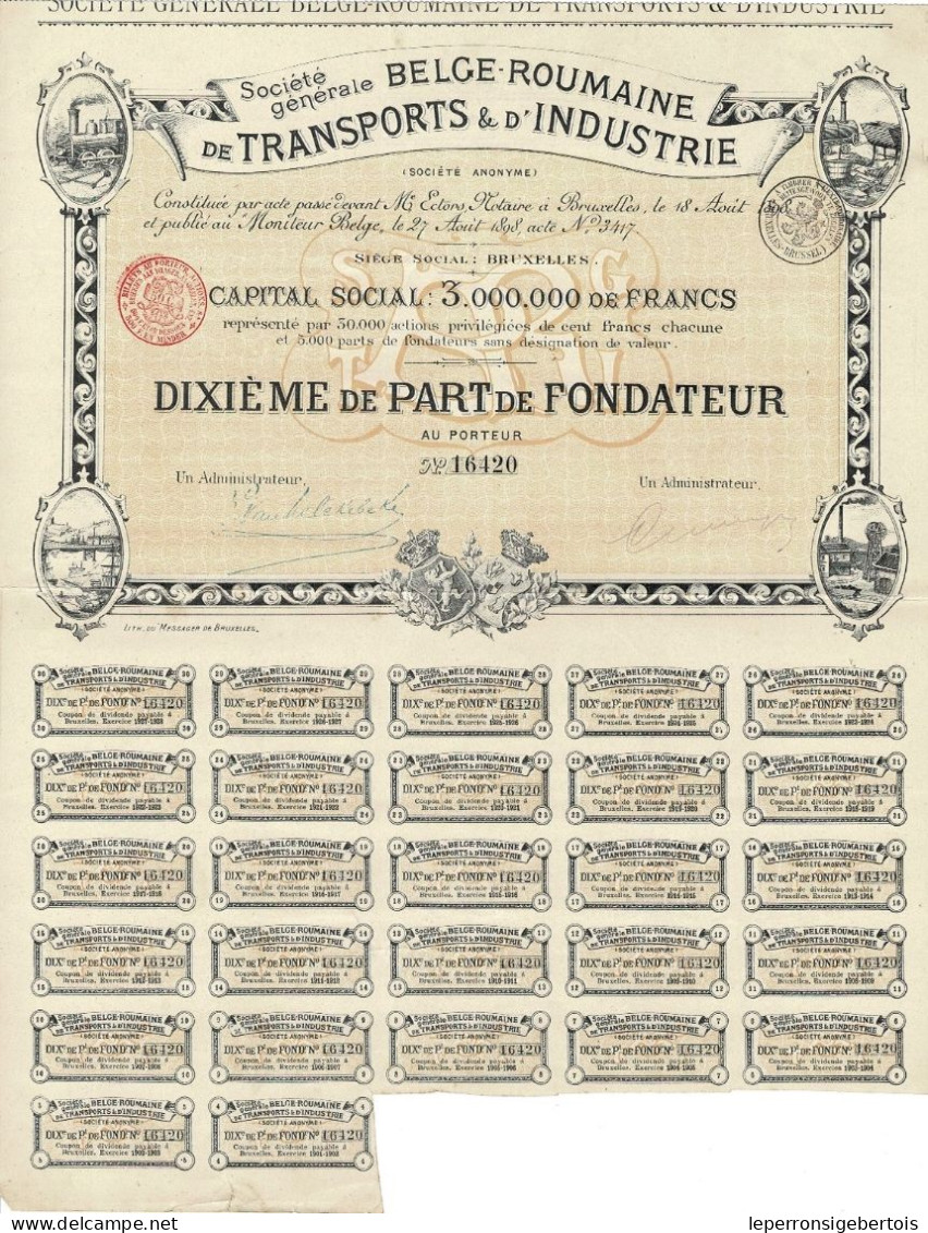 -Titre De 1898 - Société Générale Belge-Roumaine De Transports & D'Industrie - Société Anonyme - Déco - Trasporti