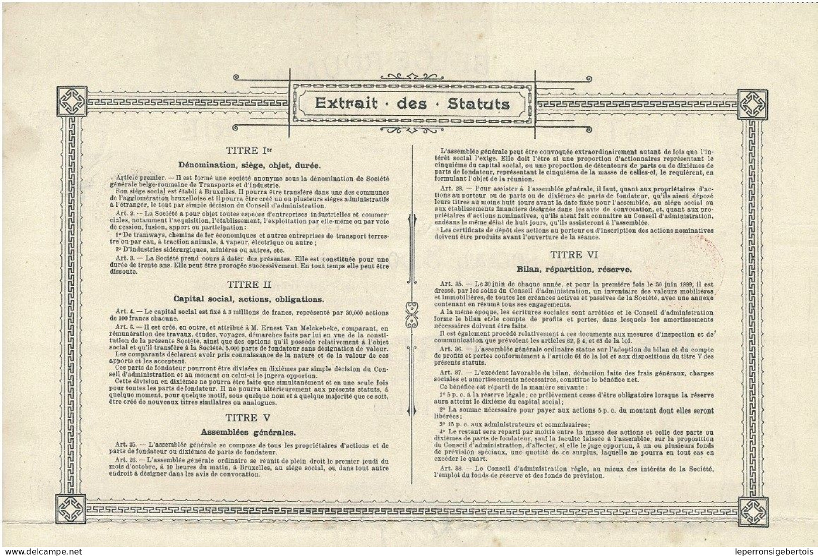 -Titre De 1898 - Société Générale Belge-Roumaine De Transports & D'Industrie - Société Anonyme - Déco - Trasporti