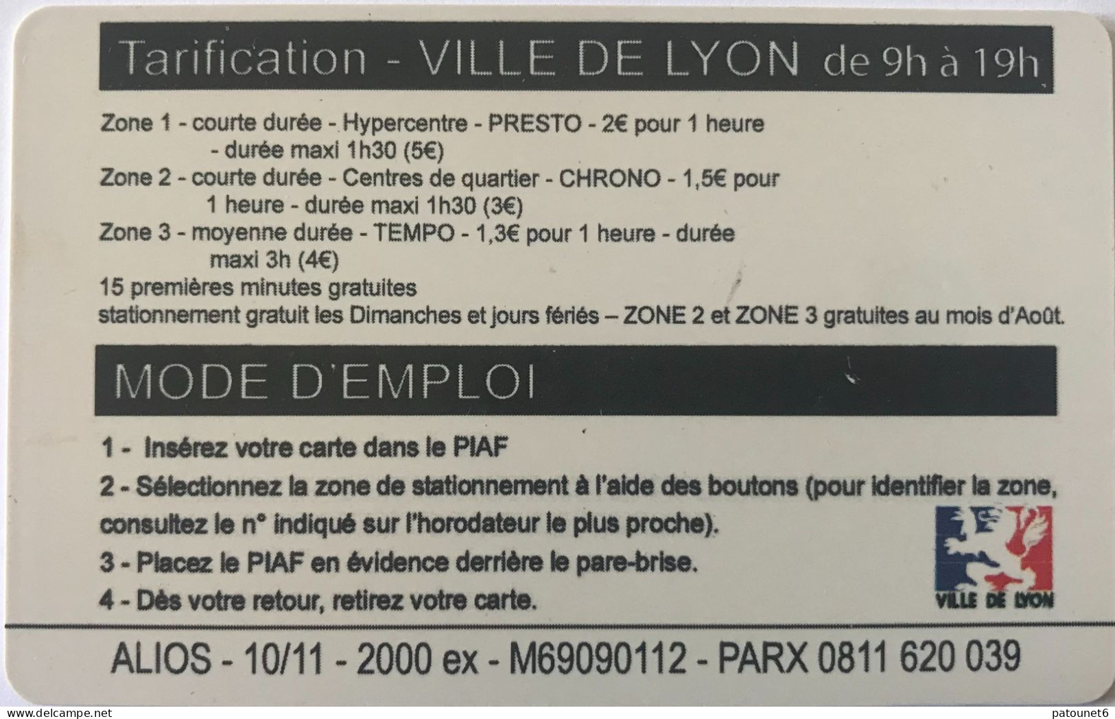 PIAF   -  LYON   -  Ville De Lyon  -  30 E. (rouge)  - - Cartes De Stationnement, PIAF