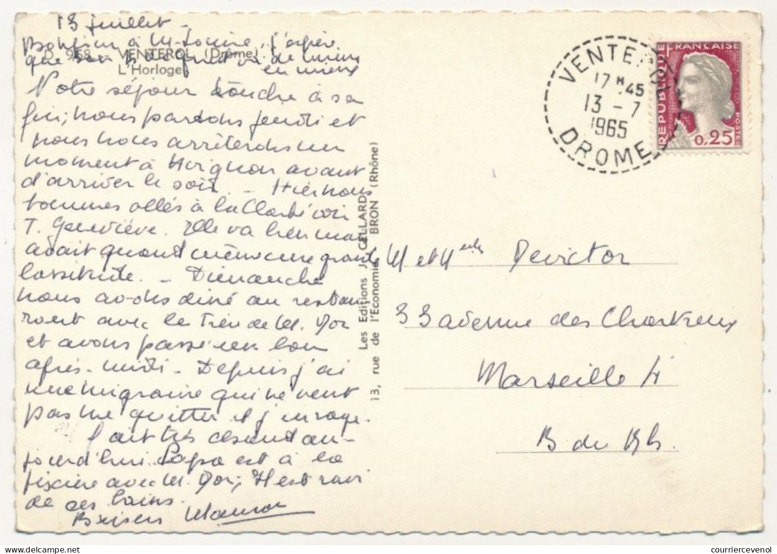 FRANCE - CPM De VENTEROL (Drôme) - Cachet Tireté 13/7/1965 - Manual Postmarks