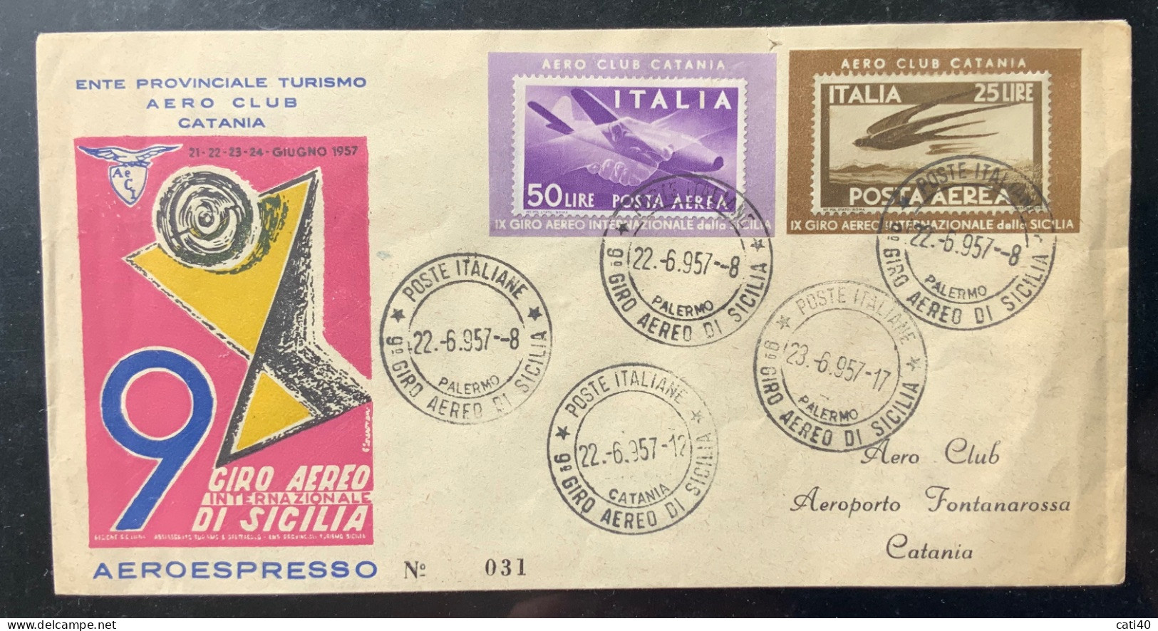 9 GIRO AEREO INTERNAZIONALE DI SICILIA - AEREOESPRESSO N. 031  BEN CONSERVATO - 1946-60: Marcofilie