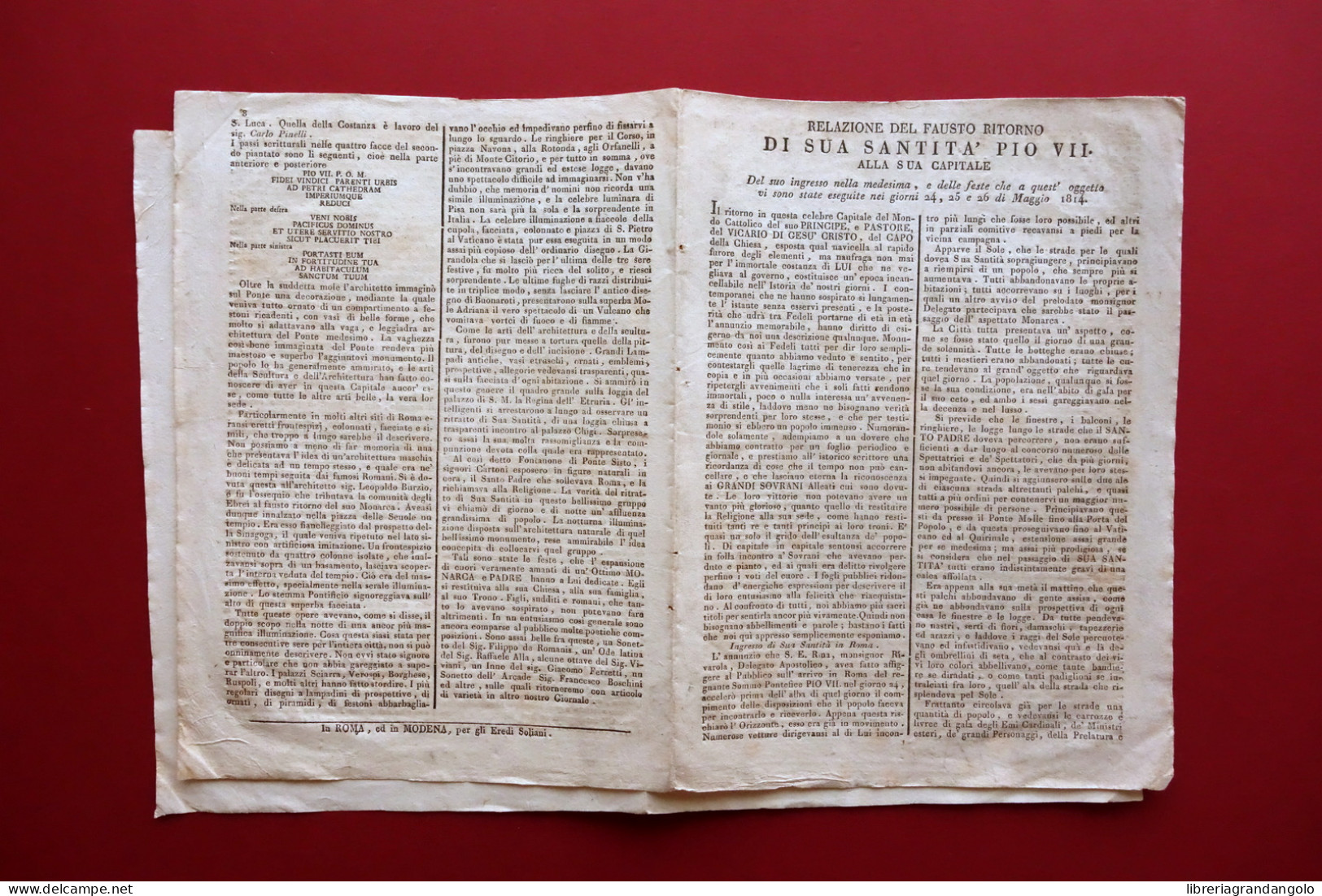 Relazione Del Fausto Ritorno Di Sua Santità Pio VII Alla Capitale 1814 Roma Raro - Non Classificati