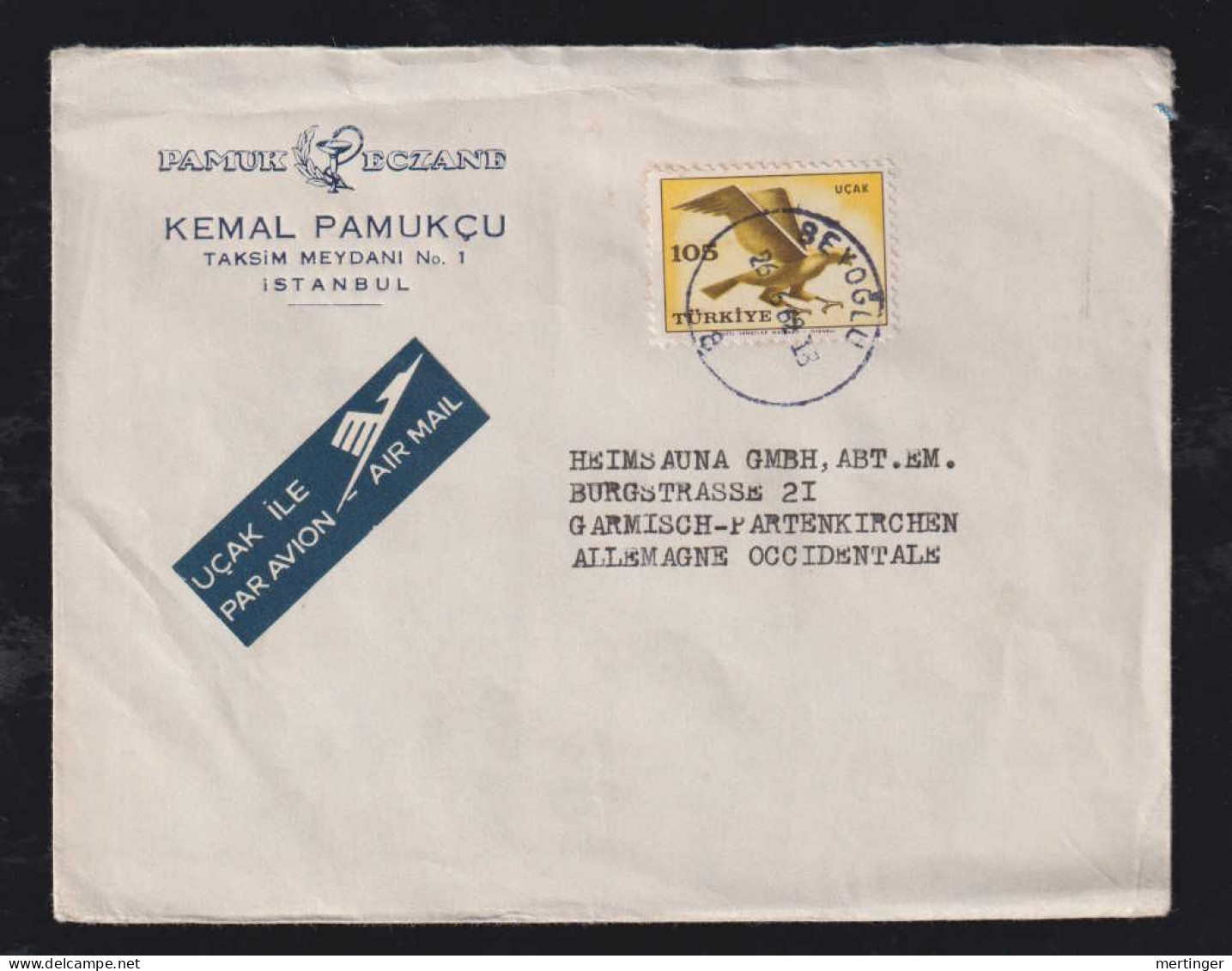 Türkei Turkey 1962 Advertising Airmail Cover ISTANBUL X GARMISCH Germany Pamuk Eczane - Covers & Documents