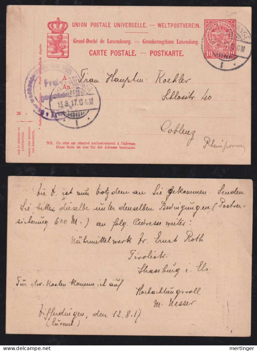 Luxemburg Luxembourg 1917 Censor Stationery Postcard DIFFERDINGEN X KOBLENZ Germany - 1914-24 Marie-Adélaida