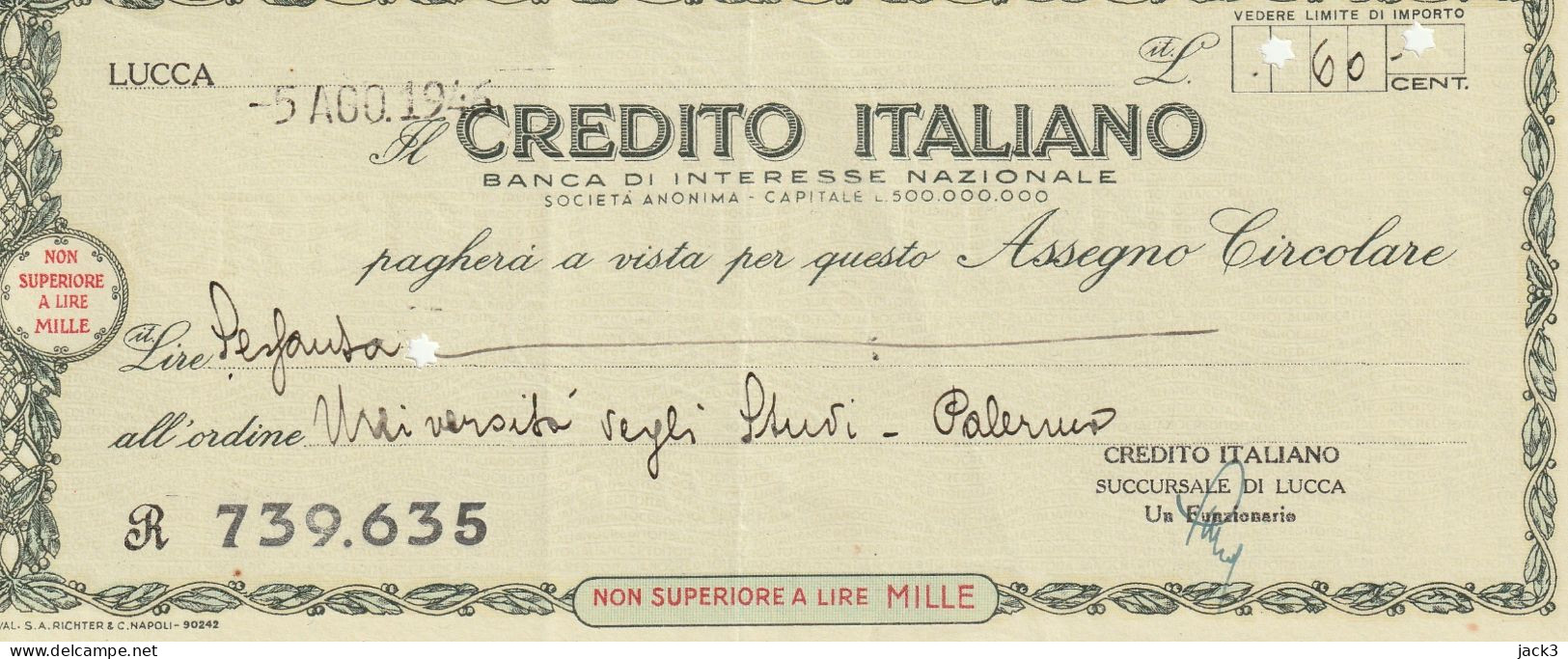 ASSEGNO CIRCOLARE -  CREDITO ITALIANO LUCCA £60  1946 - Chèques & Chèques De Voyage