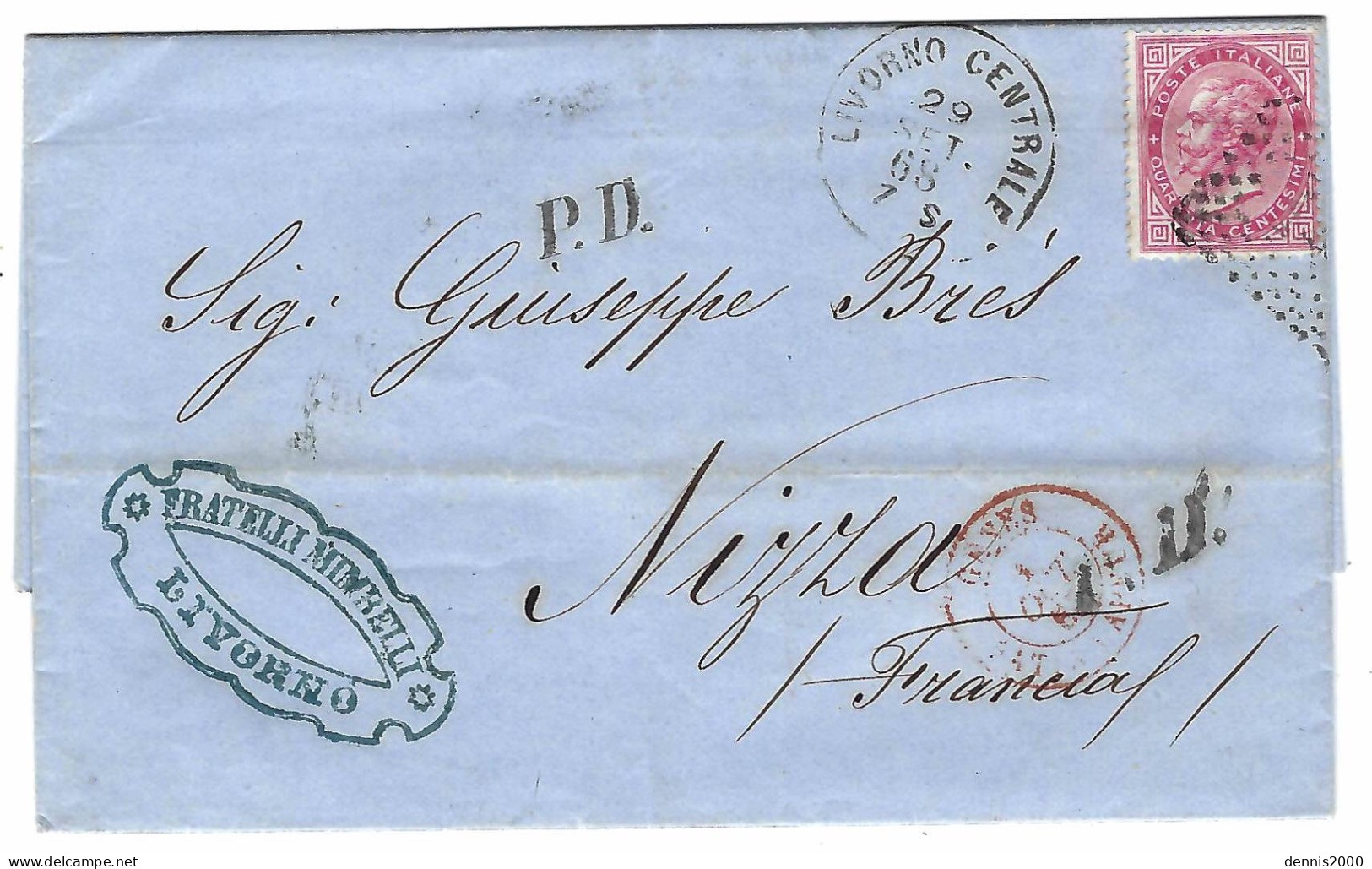 1868 - Lettera Da LIVORNO CENTRALE Affr. 40 C , Per Nizza - Entrata GENES / BAT. A VAPEUR - Marcophilia