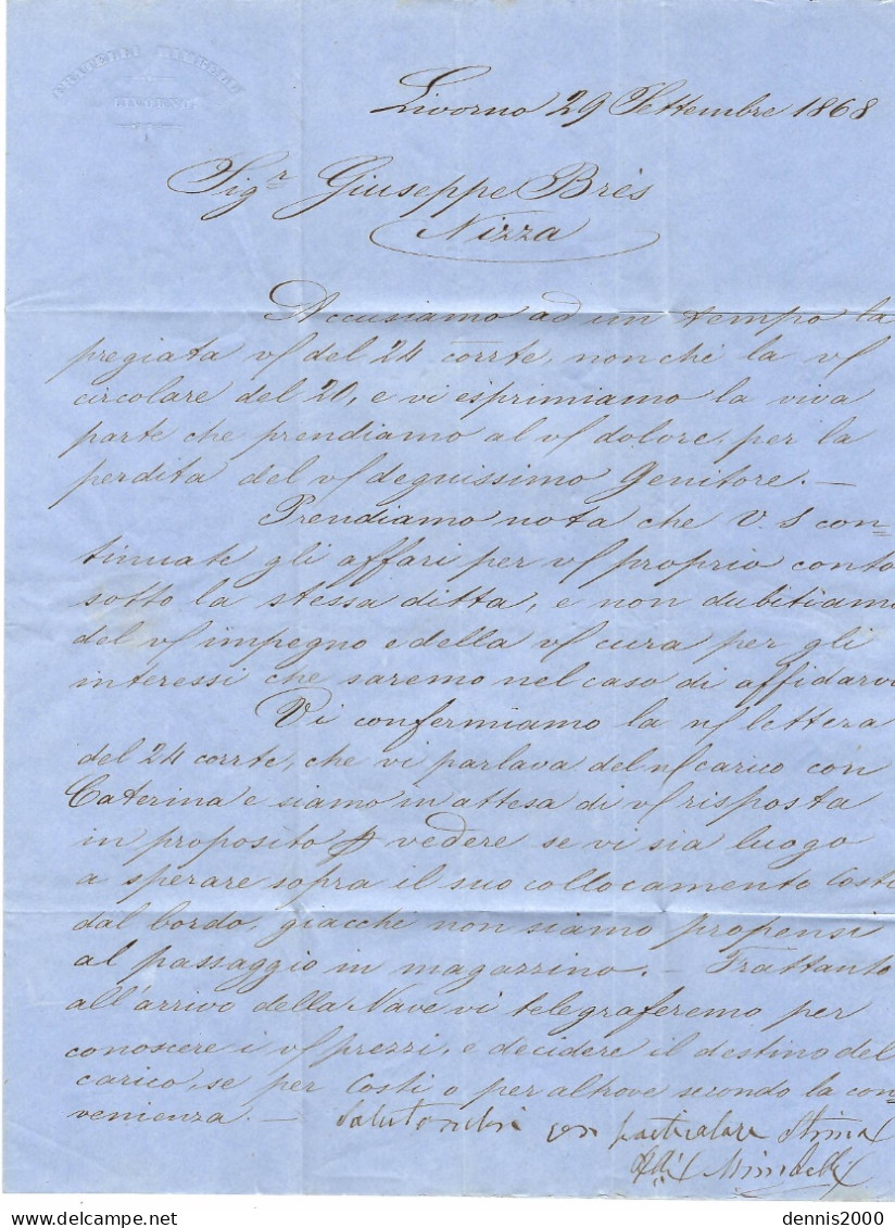 1868 - Lettera Da LIVORNO CENTRALE Affr. 40 C , Per Nizza - Entrata GENES / BAT. A VAPEUR - Marcophilia