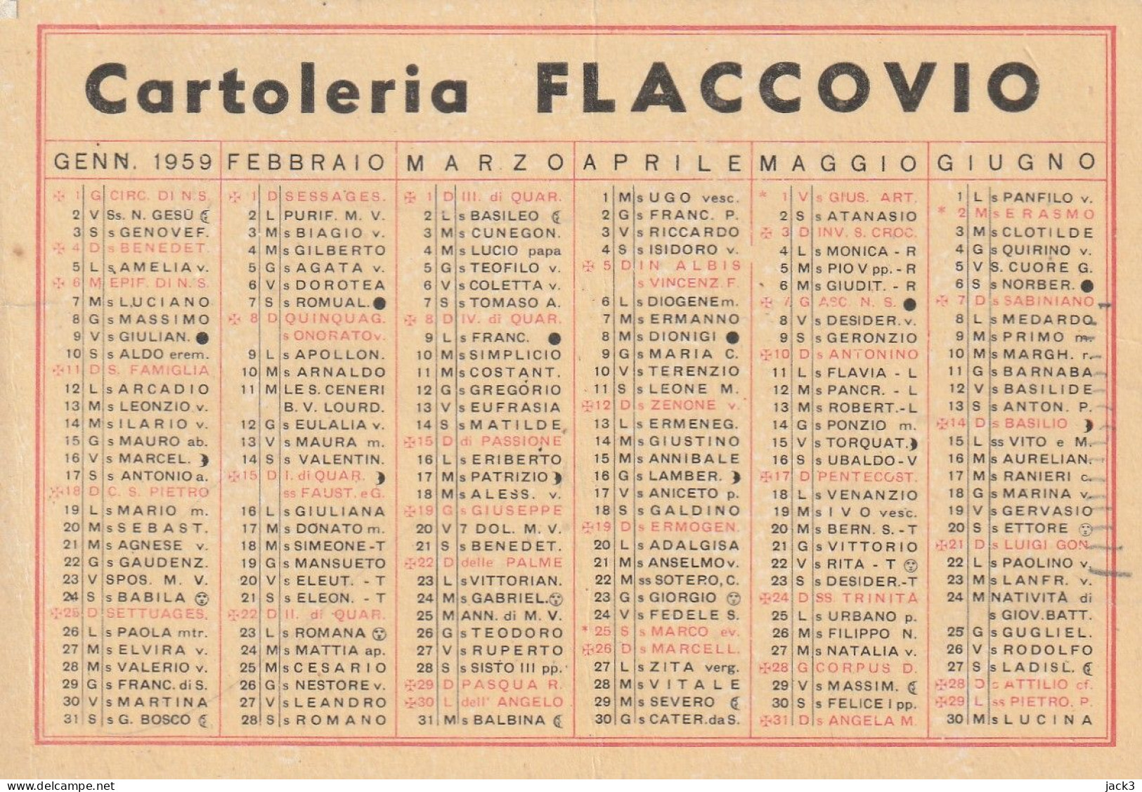 CALENDARIETTO - CARTOLERIA FLACCOVIO PALERMO   1959 - Petit Format : 1941-60