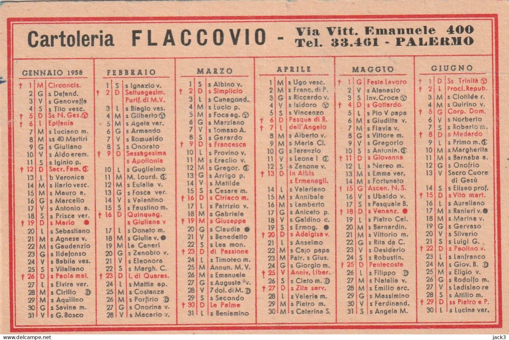 CALENDARIETTO - CARTOLERIA FLACCOVIO PALERMO   1958 - Petit Format : 1941-60