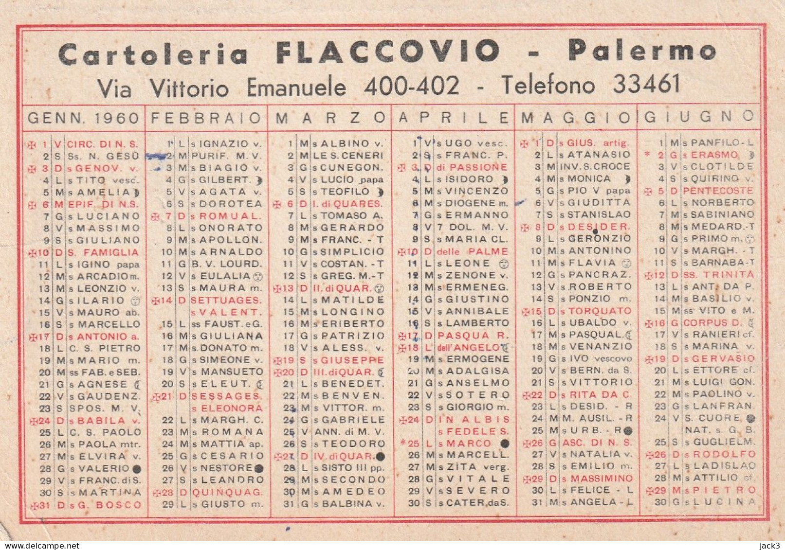 CALENDARIETTO - CARTOLERIA FLACCOVIO PALERMO   1960 - Petit Format : 1941-60