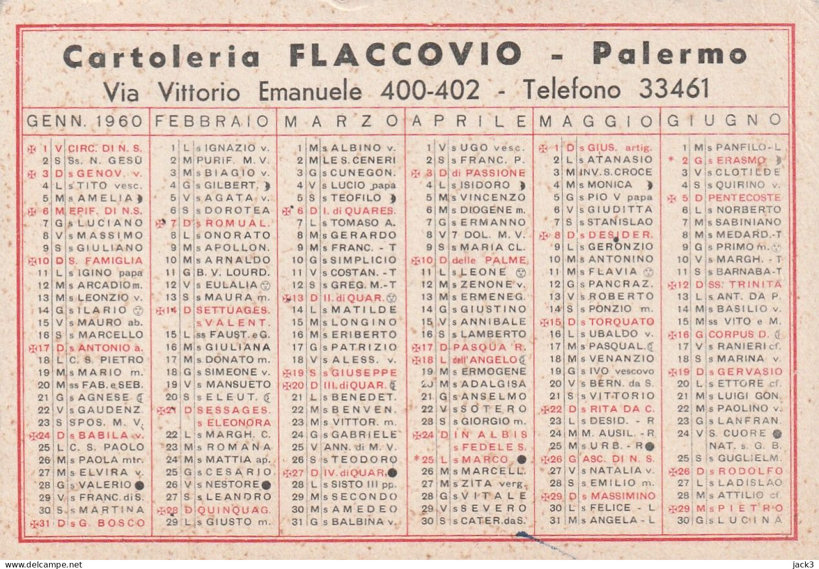 CALENDARIETTO - CARTOLERIA FLACCOVIO PALERMO   1960 - Petit Format : 1941-60