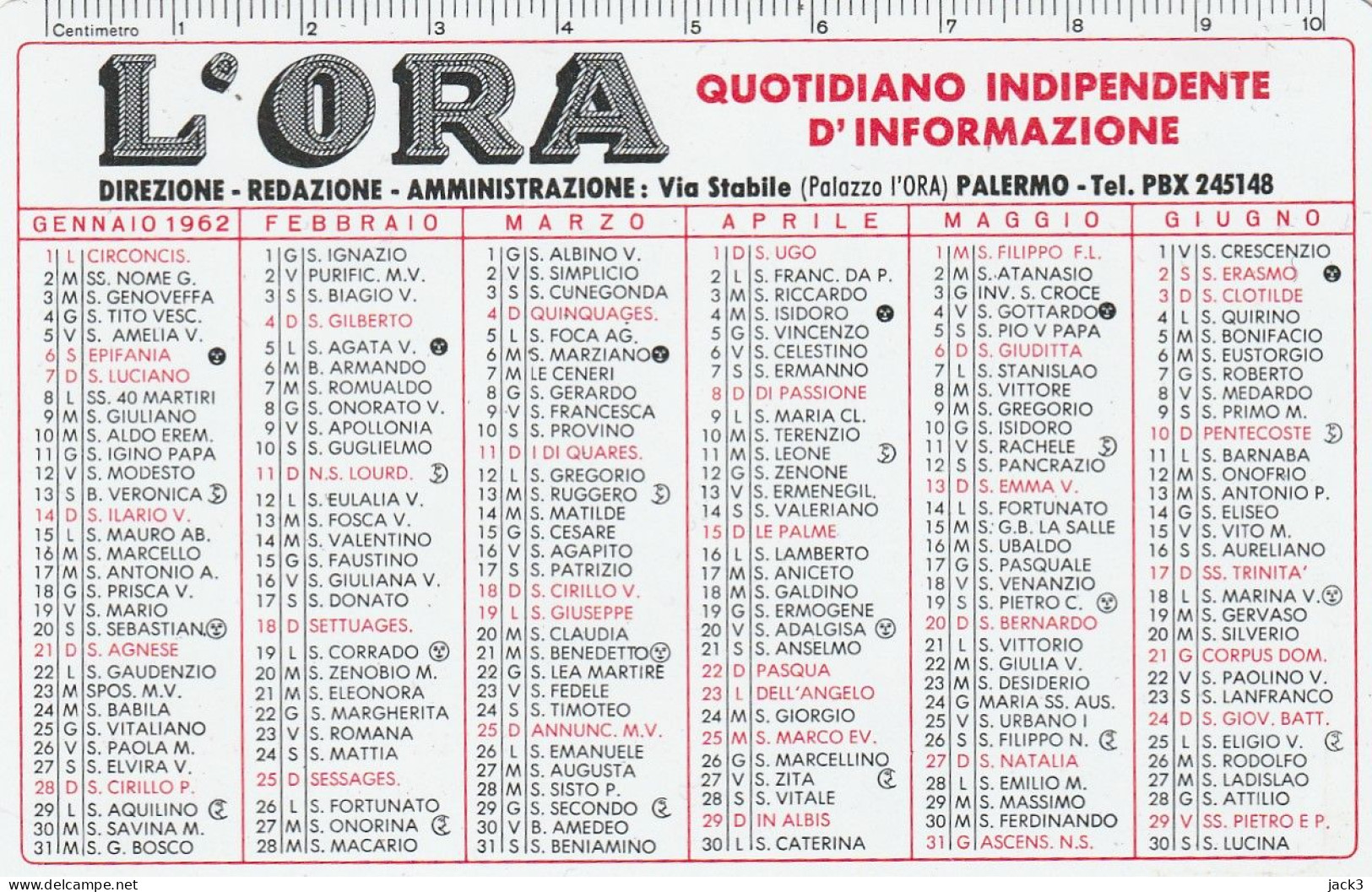 CALENDARIETTO - QUOTIDIANO INDIPENDENTE D'INFORMAZIONE "L'ORA"   1962 - Petit Format : 1941-60