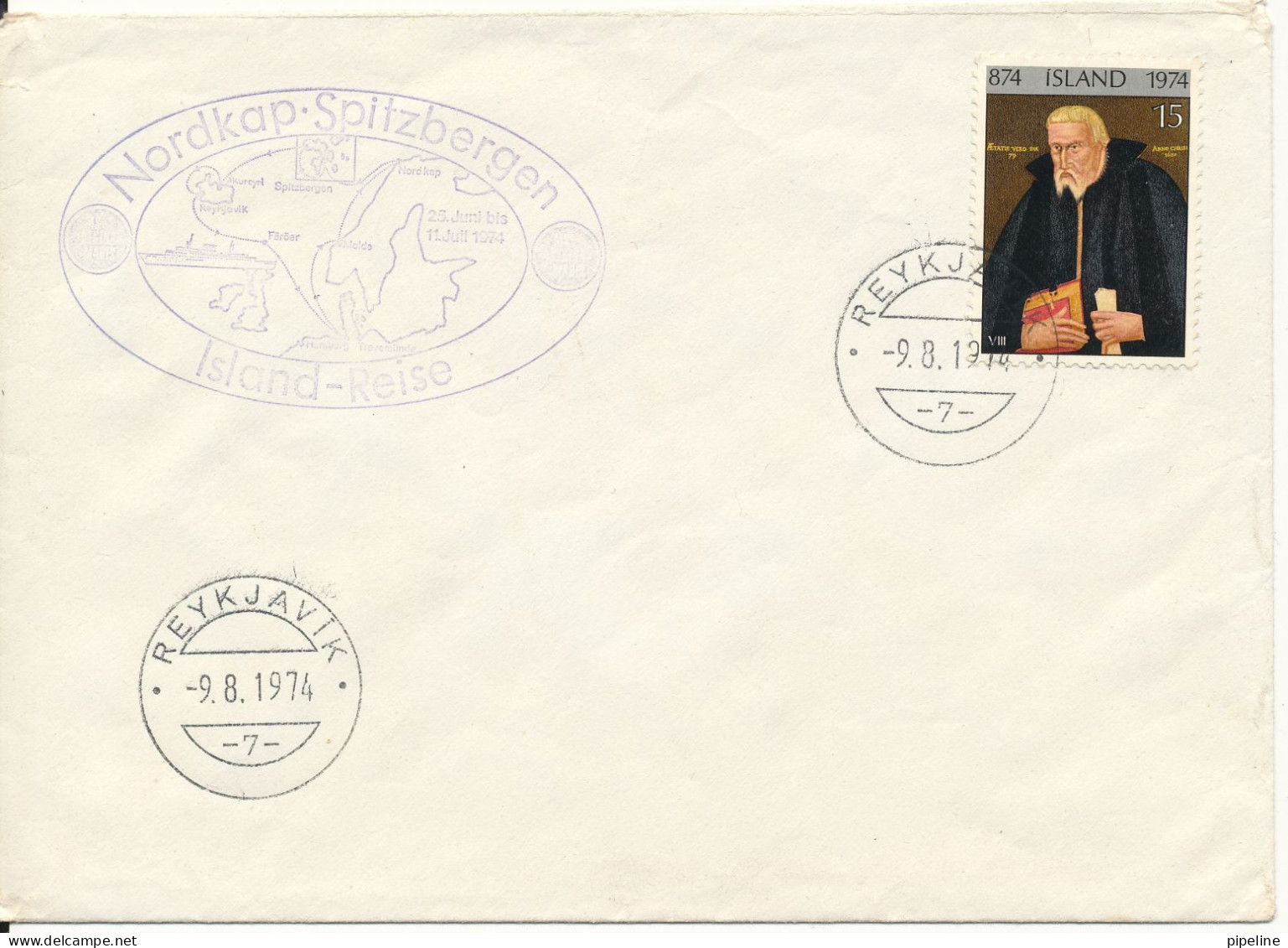 Iceland Cover Reykjavik 9-8-1974 Island-Reise Nordkapp - Spitzbergen Single Franked - Storia Postale