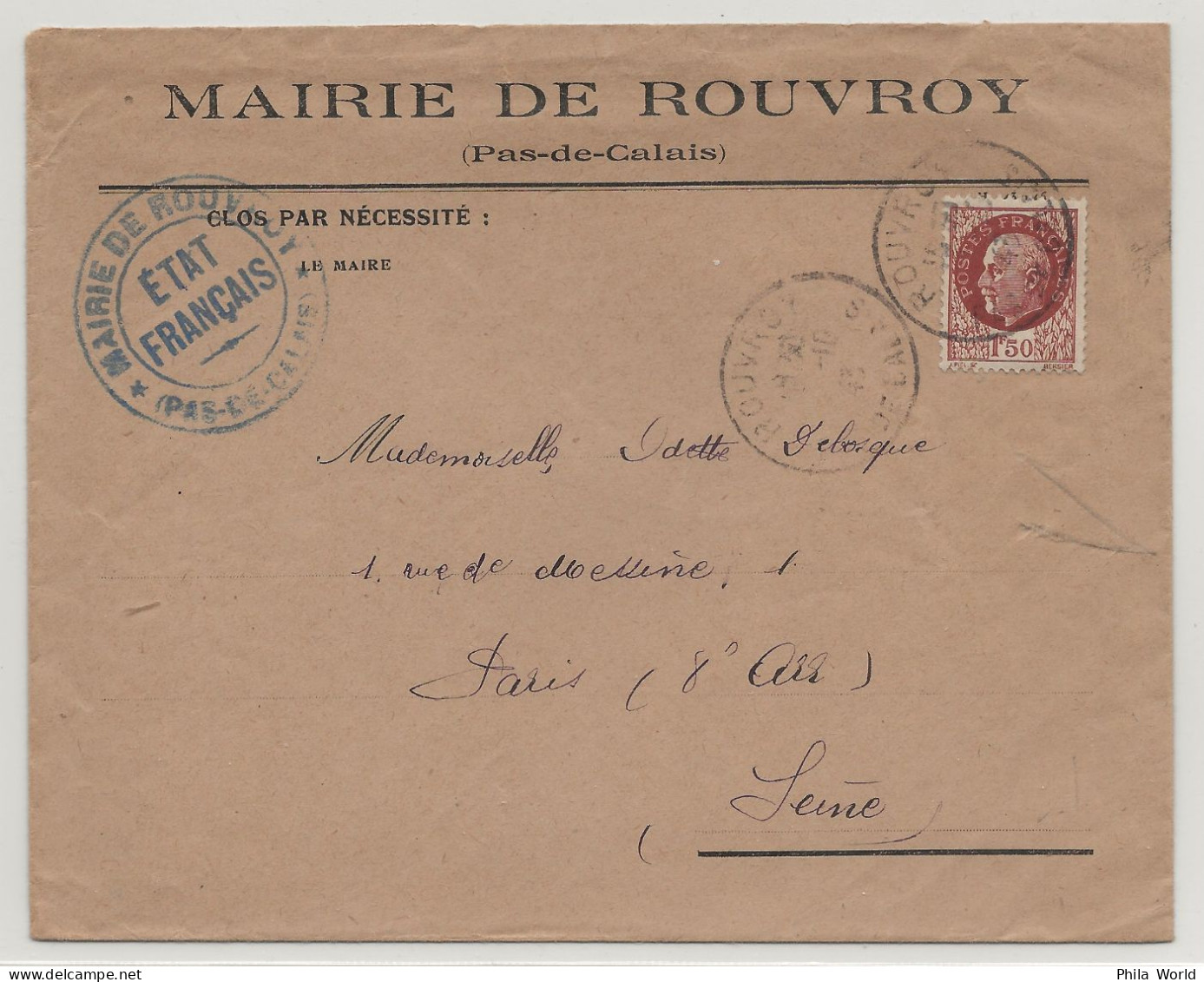 WW2 1942 FRANCE PETAIN ETAT FRANCAIS Mairie De ROUVROY Pas De Calais Pour Paris Seine - Briefe U. Dokumente