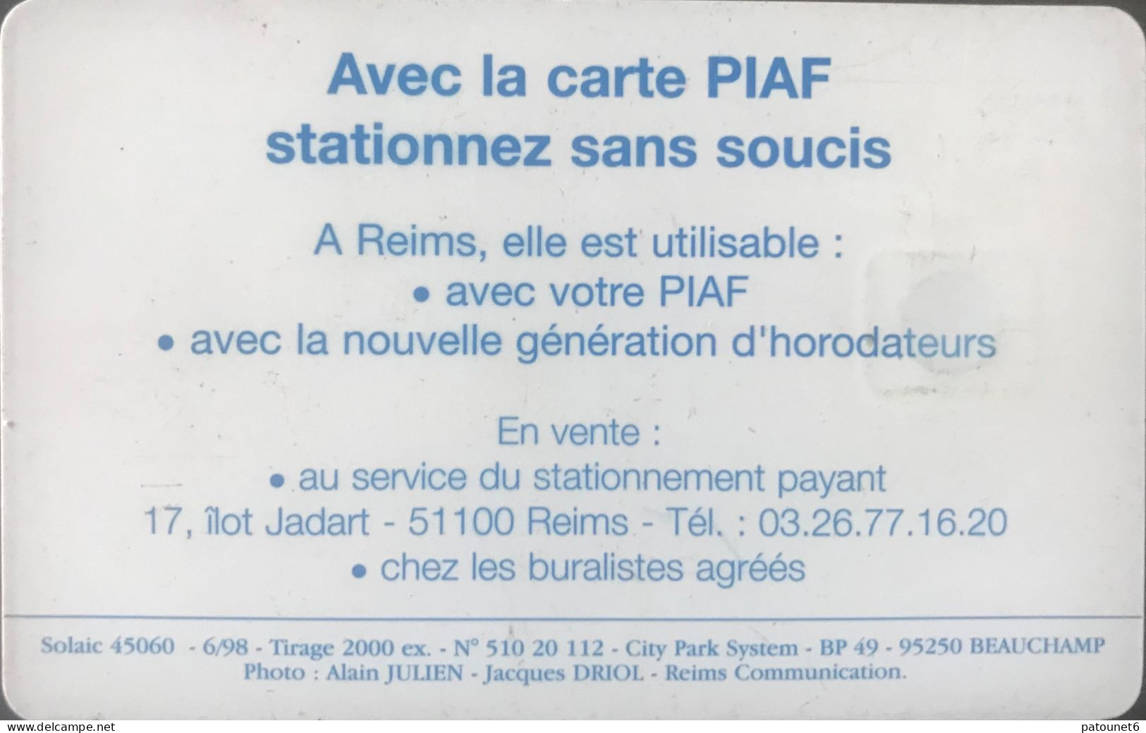 PIAF   -  REIMS   -   Voiture + Cathédrale  (fond Rouge)  - 220 Unités - Cartes De Stationnement, PIAF