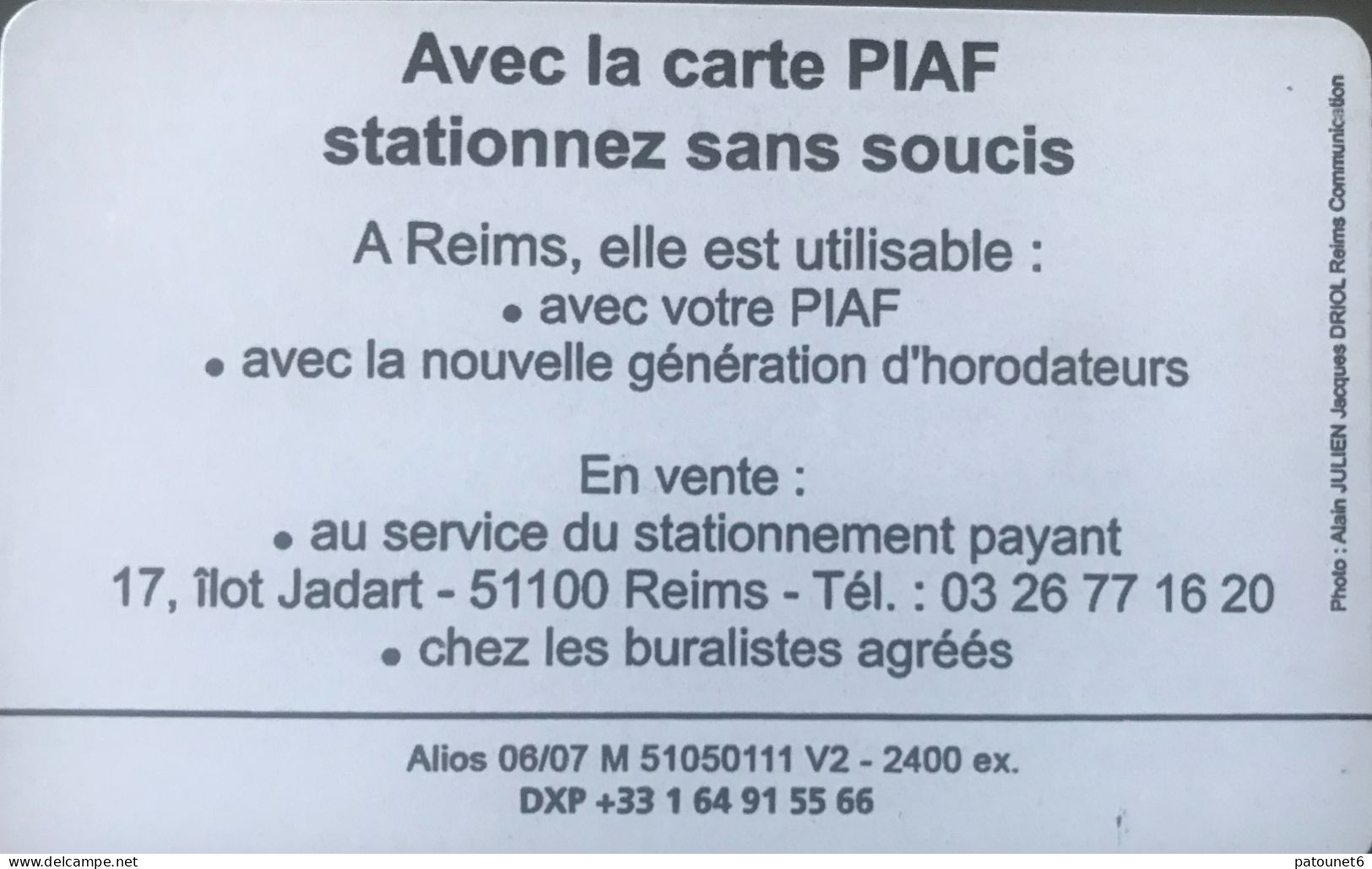 PIAF   -  REIMS   -   Voiture + Cathédrale  (fond Vert)  -  75 Unités - Cartes De Stationnement, PIAF