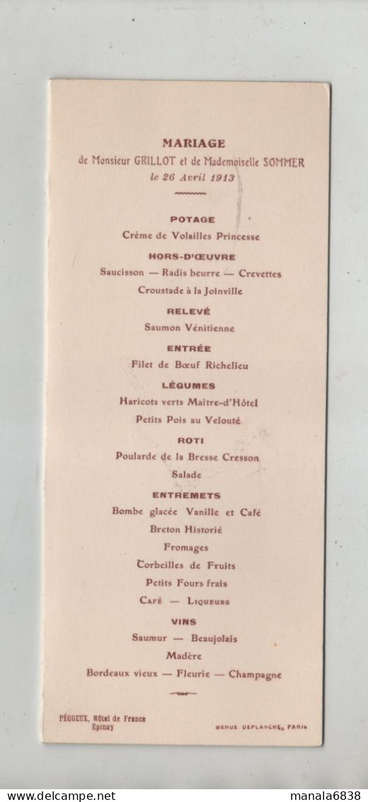 Bowas Mariage Grillot Sommer 1913 Périgueux Hôtel De France Epinay Menu - Menu