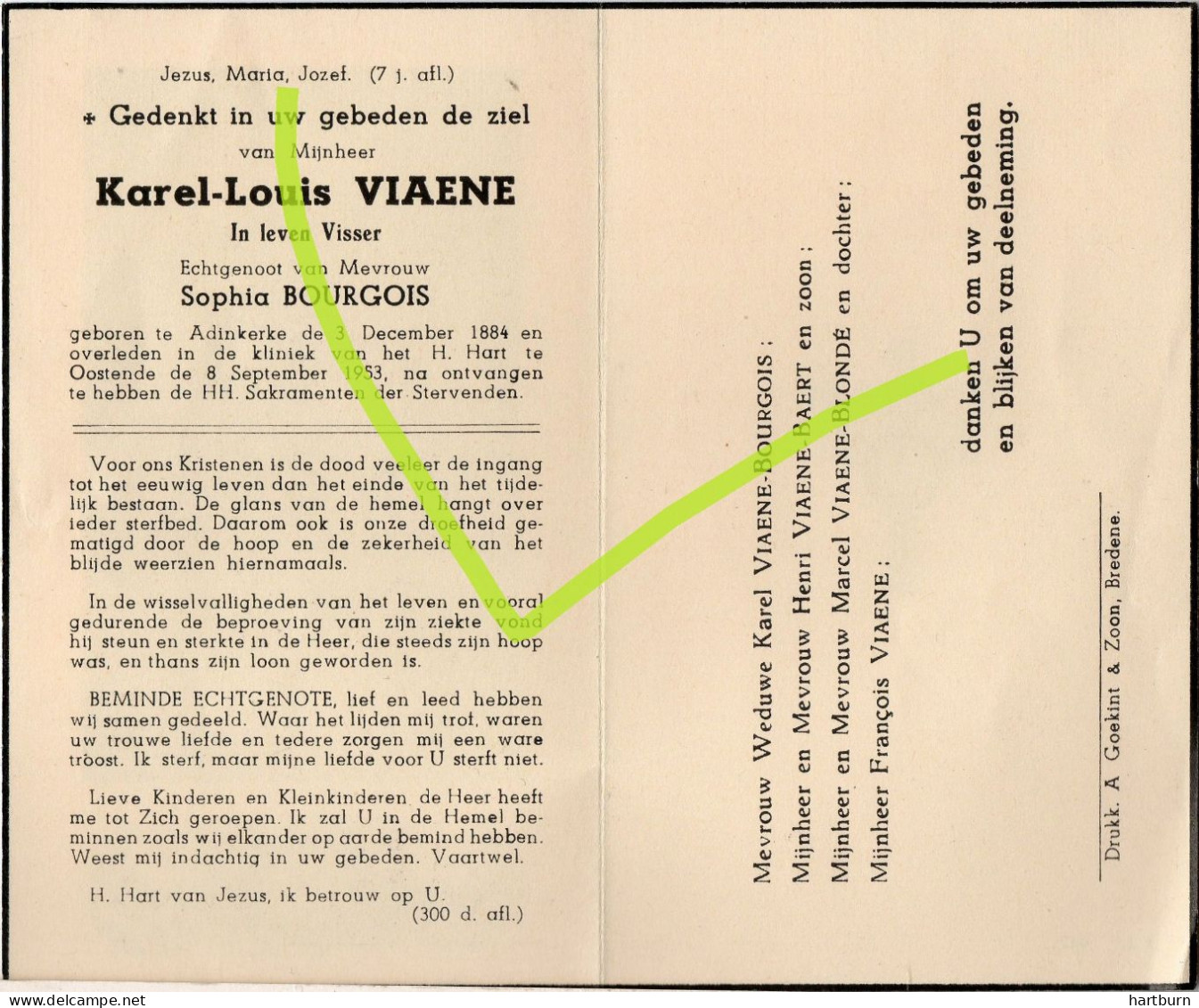 Viane Karel-Louis. 03.12.1884 - 08.09.1953. Adinkerke. (visser) Pecheur, Zeeman - Devotion Images