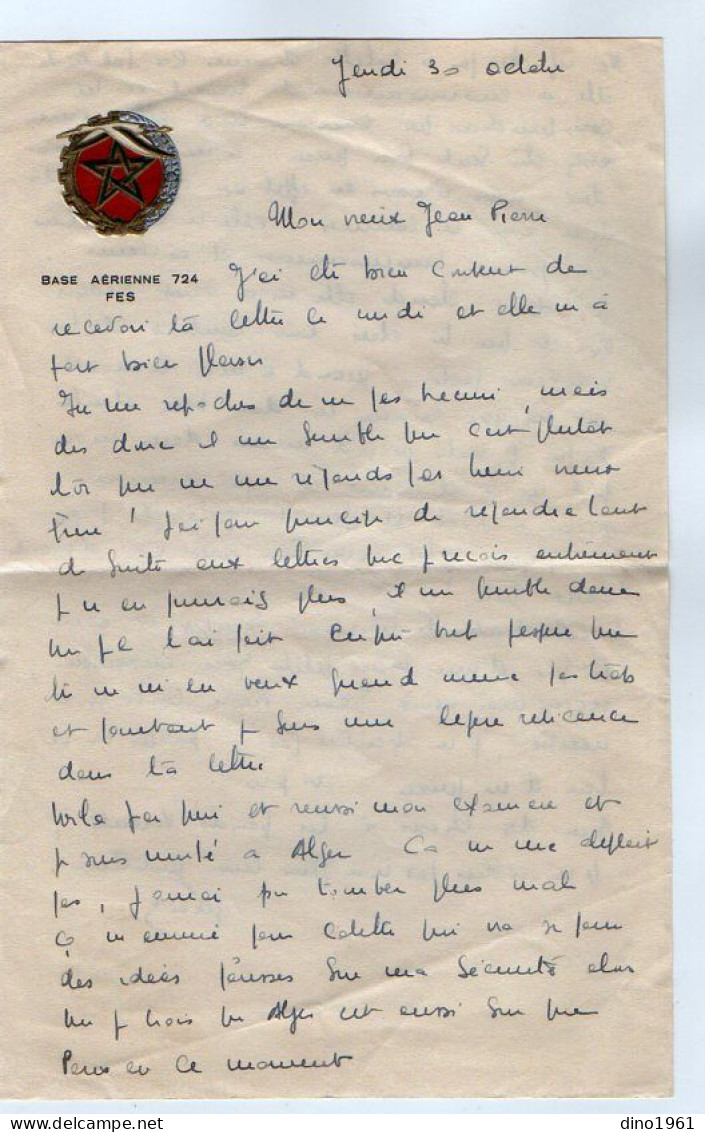 VP22.271 - MILITARIA - Aviation - Lettre Avec Entête Base Aérienne 724 FES ( Maroc ) - Documents