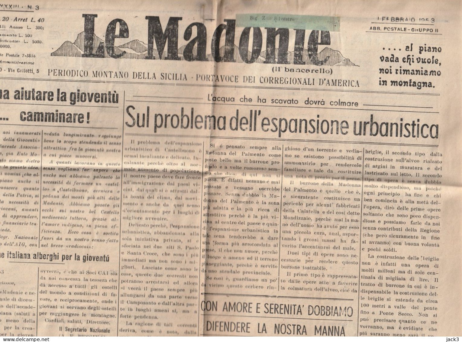 GIORNALE - LE MADONIE - DIREZIONE CASTELBUONO (PALERMO)  1953 - Otros & Sin Clasificación