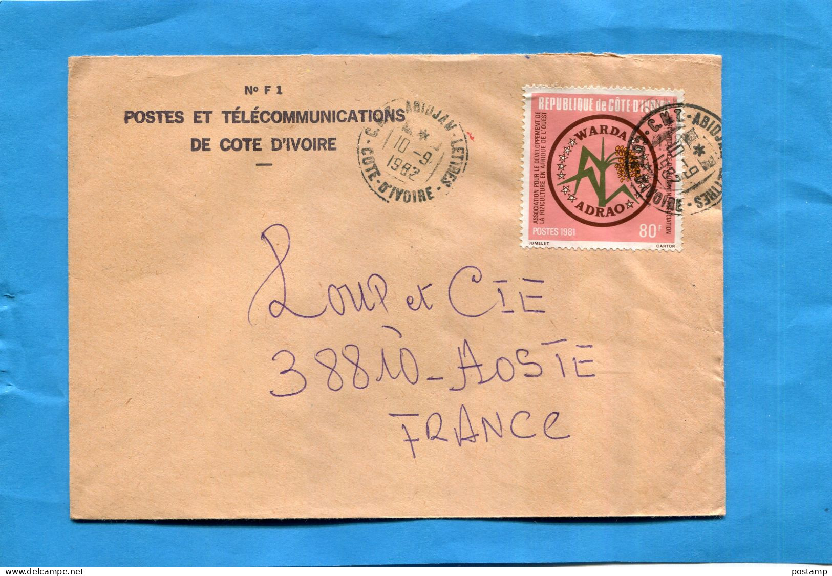 Marcophilie- Cote D'ivoire- Lettre  Pour France Cad1982 Abidjan Lettres-stamps N°582   Développement Riziculture - Côte D'Ivoire (1960-...)